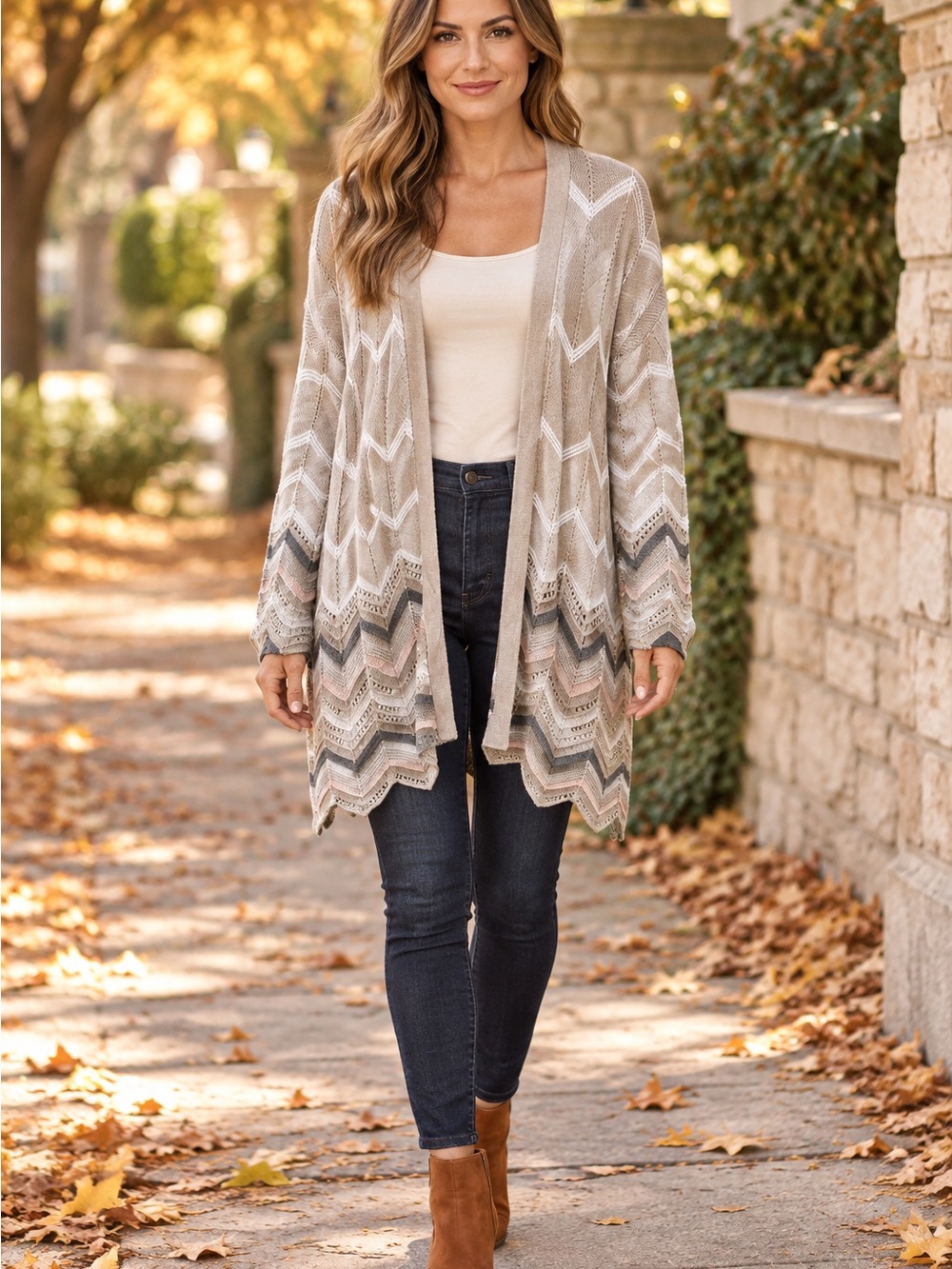 89th + Madison Taupe Chevron Open Knit Cardigan Women’s Medium Boho